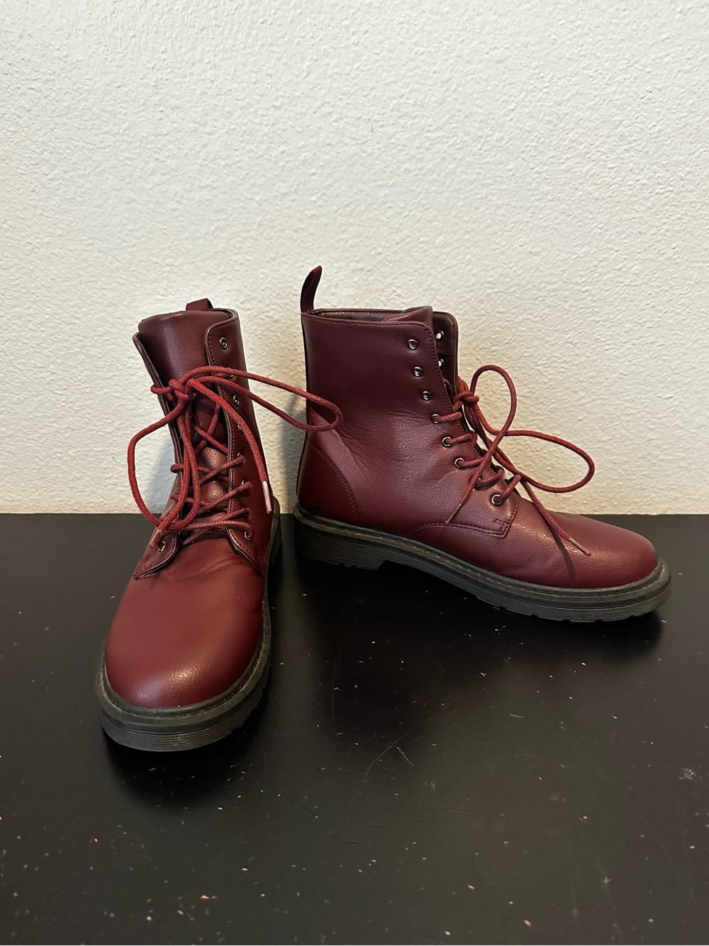 Celia Burgundy Red Faux Leather Lace Up Boots